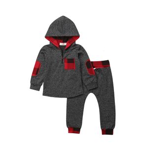 Set di abbigliamento nato Baby Girls Boys Warm Plaid Felpa con cappuccioPantaloni 2PCS Abiti Abiti Set 230202