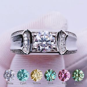 Cluster Rings Real Moissanite Ring for Men 1Ct Color Blue Pink Yellow Green Cyan White Diamond Gemstone S925 Silver Ej Justerbar