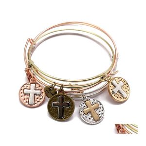 Bangle Cross Bracelet Jewelry Simple 4 Colors Charms Expandable Heart Pendant Cuff Fit Handmade Daily Gift Drop Delivery Bracelets Ot2Vc
