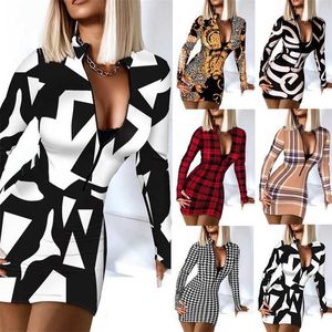 Designer Casual Women Dresses Digital Printed Dress Slim V-neck Short One Piece Skirt