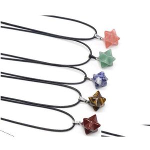 Hänge halsband stjärna punkt Merkaba Symbol Natural Stone Necklace Black Leather Chain Crystal Quartz Healing Meditation Cube Gemsto Dhyg3