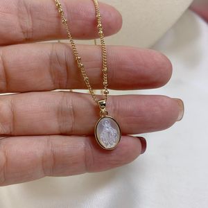Pendant Necklaces Mother's Day Dainty Small Oval Medal Holy Virgin Mary For Women Fashion Natural Mother Of Pearl Shell JewelryPendant