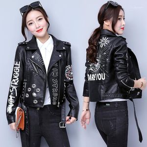 Women's Jackets Women Printed Letters Rivet Pu Leather Jacket Punk Moto Coat Black Faux Fashion Zipper Streetwear1