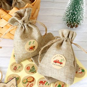 Gift Wrap 24set Christmas Natural Linen Burlap Bag Jute DrawString Påsar med handtag förpackning Party Favor Candy