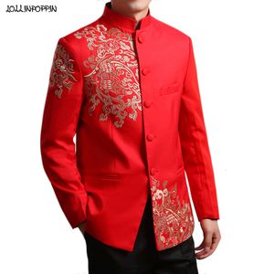 Herrdräkter blazers kinesisk stil bröllop jacka män broderi mönster tang tunic kostym jacka mandarin stativ krage röd / vit 230202