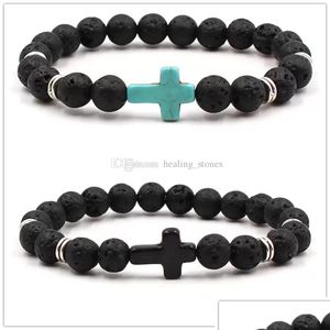 Perlen Natürliche Schwarze Lava Stein Kreuz Elastische Strang Armband Aromatherapie Ätherisches Öl Diffusor Armreif Für Männer Schmuck Drop Dhgarden Dh6Rz