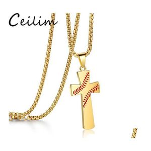 Pendant Necklaces Fashion Cross Pendants Sporting Baseball Golden Color Christ Jesus Stainless Steel Necklace Religious Jewelry Drop Otwrc