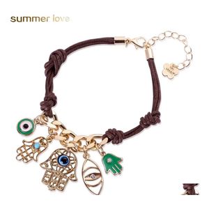 Outras pulseiras vendem pulseira de couro azul para os olhos Lucky Evil com Hamsa Hand of Fatima Charm Cera Cord￣o para meninas Mulheres J￳ias de atacado OT0FZ