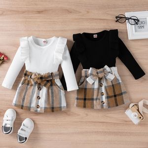 Clothing Sets Toddler Kids Girls 2 Pieces Outfit Long Sleeve Knitted Ribbed Solid Color Tops Bowknot Buttons Plaid Mini Skirt Set 9M4T 230202