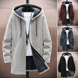 Men's Suits Blazers Autumn Winter Men Hooded Sweater Thicken Long Sleeve Drawstring Plush Lining Mid-Length Knitting Jacket Male Coat Streetwear 230202