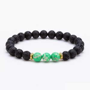 Perline di pietra lavica nera Filo di perline verdi Braccialetti di chakra Bracciale diffusore di oli essenziali Goccia di roccia vulcanica Gioiello di consegna Dhgarden Dhawx