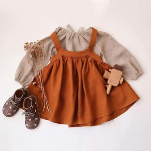 Vestidos de menina 3 cores Vintage meninas de linho de algodão macio de algodão, princesa macacão, sunestress kid suspensa saia infantil roupas 1-4t