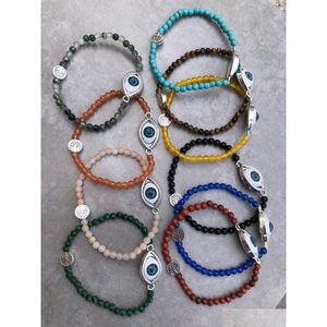 Beaded Fashion Vintage Evil Eye Charm Strand Bracelet 4Mm Round Agate Crystal Quartz Stone Bead Bracelets With Tree Life For Women J Dhe7W