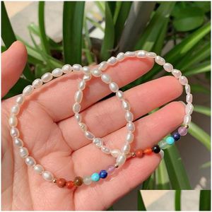 Bracelete de fita de pérolas brancas de água doce com miçangas com chakra pedras gemas de joias de joias de joias de pulseiras ajustáveis ​​Cado