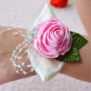 Dekorative Blumen 5 Teile/los Mädchen Hand Handgelenk Blume Hochzeit Party Prom Liefert Mutter Braut Brautjungfer Satin Rose Frauen Corsage Handgemacht