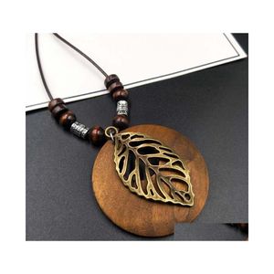 Pendant Necklaces Fashion Jewelry Vintage Cotton Linen Clothes Accessories Necklace Ethnic Style Circle Wood Alloy Leaf Long Sweater Dhygt