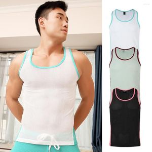 Tanque de tanques masculinos homens nylon gelo seda estirada colete sólido macho masculino respirável mangas slim casual camiseta