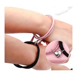 Charm Bracelets 2Pcs Couple Minimalist Heart Friendship Bracelet Hair Rope Braided Magnetic Distance Lovers Matching Drop Delivery Je Otibl