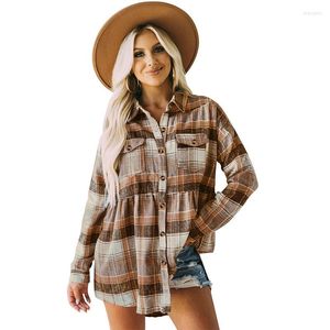 Women's Blouses Oversized Women's Shirts Casual Loose Tops Autumn Winter Clothing Lapel Long Sleeve Pocket Plaid Shirt Vintage Blouse