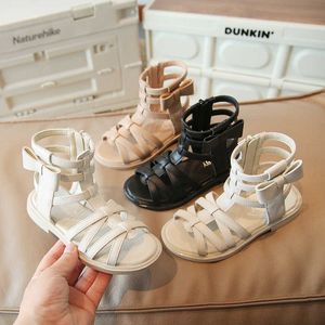 2022 Summer New Girls Roman Shoes Korean Style Simple Children Sandals Soft Princess Solid Beige Side Bow Non-slip Flat 0202