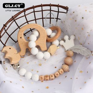 Baby Tanders Toys Personaliserade skraller Set Animal Elk Amigurumi Elephant Teether Wood Pacifier Clip Holder Chainbpa gratis omvårdnad 230202