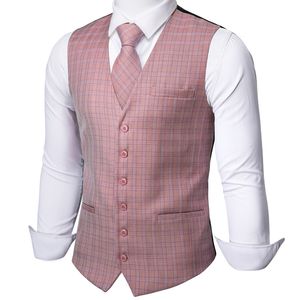 Men's Vests Barry.Wang Mens Pink Plaid Waistcoat Blend Tailored Collar V-neck 3 Pocket Check Vest Tie Set Formal Leisure MD-2301 230202