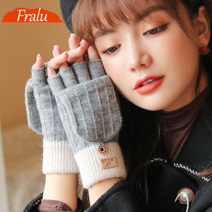 Mittens FRALU autumn and winter knitted gloves ladies outdoor windproof warmth fingerless flip cover allmatch woolen 230202