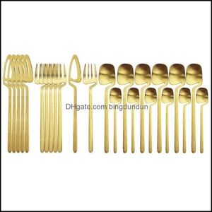 Dinnerware Sets 24Pcs Matte Gold Cutlery Set 18/10 Stainless Steel Knives Forks Spoon Dinner Tableware Kitchen Sierware Drop Deliver Dh3On