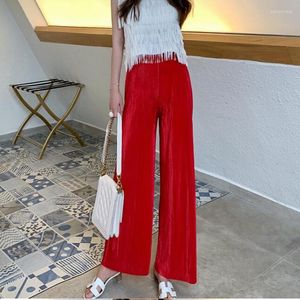レディースパンツ韓国スタイルの夏の女性ワイドレッグカジュアルエラスティックハイウエストロングマキシプリーツ赤い白いズボン