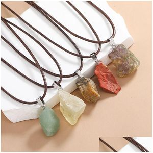 Pendant Necklaces Natural Irregar Rough Fluorite Stone Healing Crystal Gemstone Brown Rope Chain Necklace Women Jewelry Drop Dhgarden Dhc5P