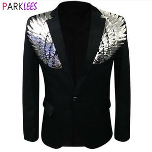 Erkek Suit Blazers Erkek Gümüş Kanat Patalı Patchwork Black Blazer One Düğme Şal Takım Elbise Ceket Düğün Partisi Şarkıcı Step Prom Kostüm 230202