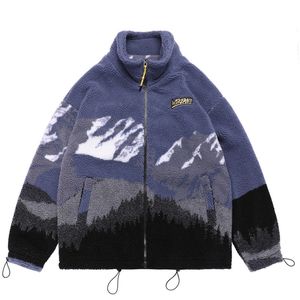 Men's Jackets 2023 Lambswool Jacket Coat Men Snow Mountain Printed Winter Thick Warm Hiphop Streetwear Windbreaker Fashion Oversized Varsity 230202