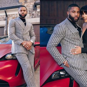 Gray Stripe Men Wedding Tuxedos Trouser Sets Double Breasted Outfits Business Formal Wear Jacket Matching Sets 2 Pieces