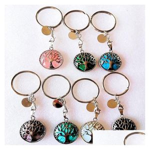 Keychains Lanyards Tree of Life Reiki Healing Natural Stone Chakra Amethyst Pink Rose Crystal Key Rings Kvinnor Män smycken DHGARDEN DH13H