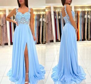 2023 Blue Prom Dresses Illusion Top Lace Applique Spaghetti Straps 사이드 슬릿 쉬폰 주름 명량용 이브닝 가운 공식 행사 착용 사망시 플러스 크기