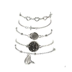Charm Bracelets Mtilayer Bracelet Set Cross Geometry Female Love Heart Shell Fishtail Charms Drop Delivery Jewelry Dhsh5