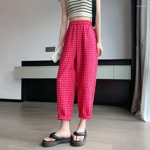 Women's Pants Plaid Puff Cotton And Linen Joggers For Women Elastic Waist Cargo Sweatpants Loose Summer Pink Baggies