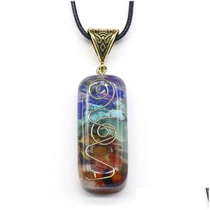 Pendant Necklaces Natural Stone Resin Pendants Rec 7 Chakra Healing Chip Copper Pattern Necklace Waxed Cotton Rope For Yoga Drop Del Dho43