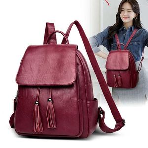 School Bags Woman Tassel Solid Color Backpack Casual Waterproof Lightweight Soft Leather Fashion Wild Shoulder Bag For Outdoor Travel