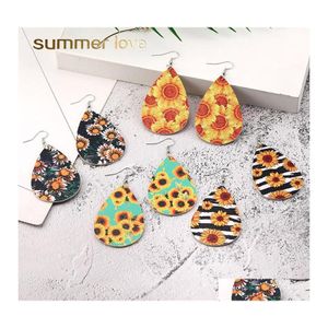 Charm Fashion Bohemian Pu Leather Earrings Sunflower Print M￶nster Faux Dingle Earring For Women Girl Hook Party Jewelry Drop Deliver Otmzj