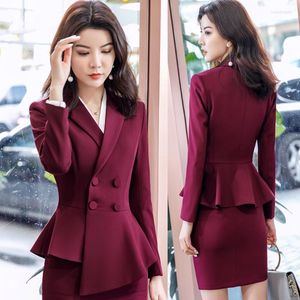 Zweiteiliges Kleid 2023 Herbst Winter Formale Damen Wein Blazer Frauen Business Anzüge Königsblau Sets Arbeitskleidung Büro Uniform 4XL Hosen Jacke