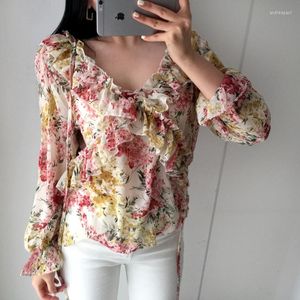 Bluzki damskie 2023 Modna moda kwiatowa bluzka falbany długie rękawie szyfonowe koszule boho w stylu słodkie letnie topy chemise blusa