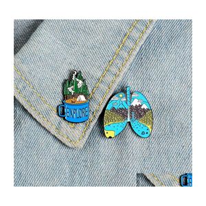 Pins Brooches Lapel Pins Explore Nature Enamel Adventure Mountain Forest Lake Earth Lung Cup And Cartoon Jewelry For Outdoorsy Gift Dhkab