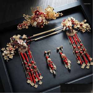 Hair Clips Barrettes Chinese Red Beads Long Hairpins Comb Earrings Tiara Simple Atmosphere Show Step Coronte Wedding Bride Jewelry Dhqib