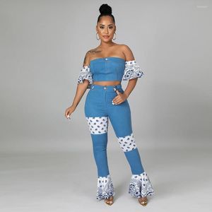 Women's Two Piece Pants 2023 Fashion Sexy Off-the-Shoulder Short Top Buttons Tight Flared Leg Hip Slimming Suit Set Women