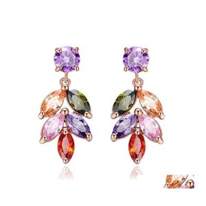 Charm Colorf Zircon Leaf Earrings Rose Gold Color Flower Shape Water Drop Pendant For Women Bridal Wedding Jewelry Delivery Otxkh