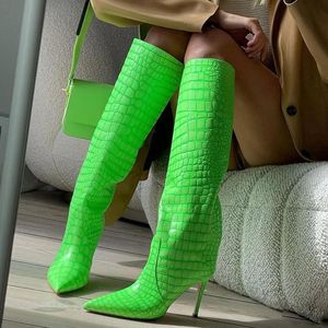 Boots Women's Spring Knee High Pointed Toe Ladies Long Ultra-high Heel Fluorescent Green Stone Banquet 2023