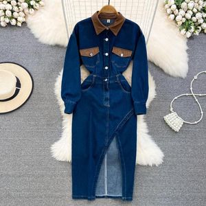 Lässige Kleider Hohe Qualität Vintage Elegante Langarm-Umlegekragen mit Tasche Split A-Linie Jean Frauen Kleid