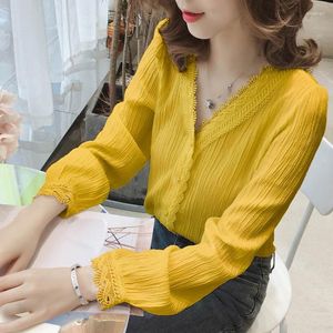 Women's Blouses Woman's V-neck Long-sleeved Chiffon Shirt Ladies Fashion Loose Solid Color Tops Black All-match Female Top Crop Autumn
