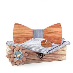 Bow Ties 3D Mens Tood Tie Handkakor Manschettknappar Brosches Set Classic Solid Wood Bowtie Suit Wedding Gravata Cravate